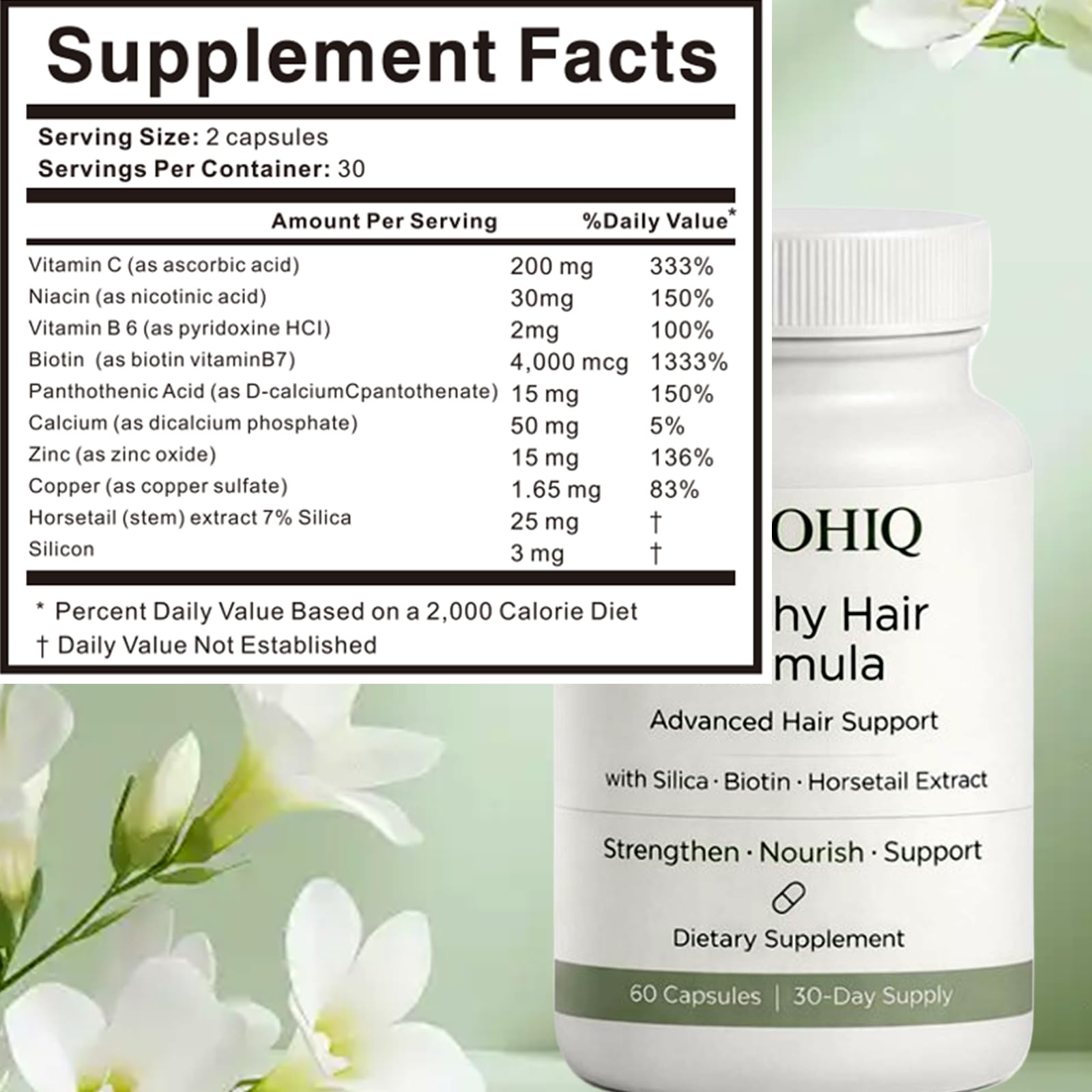 Nichalous silica ingredient detail image illustrating hair strength support.