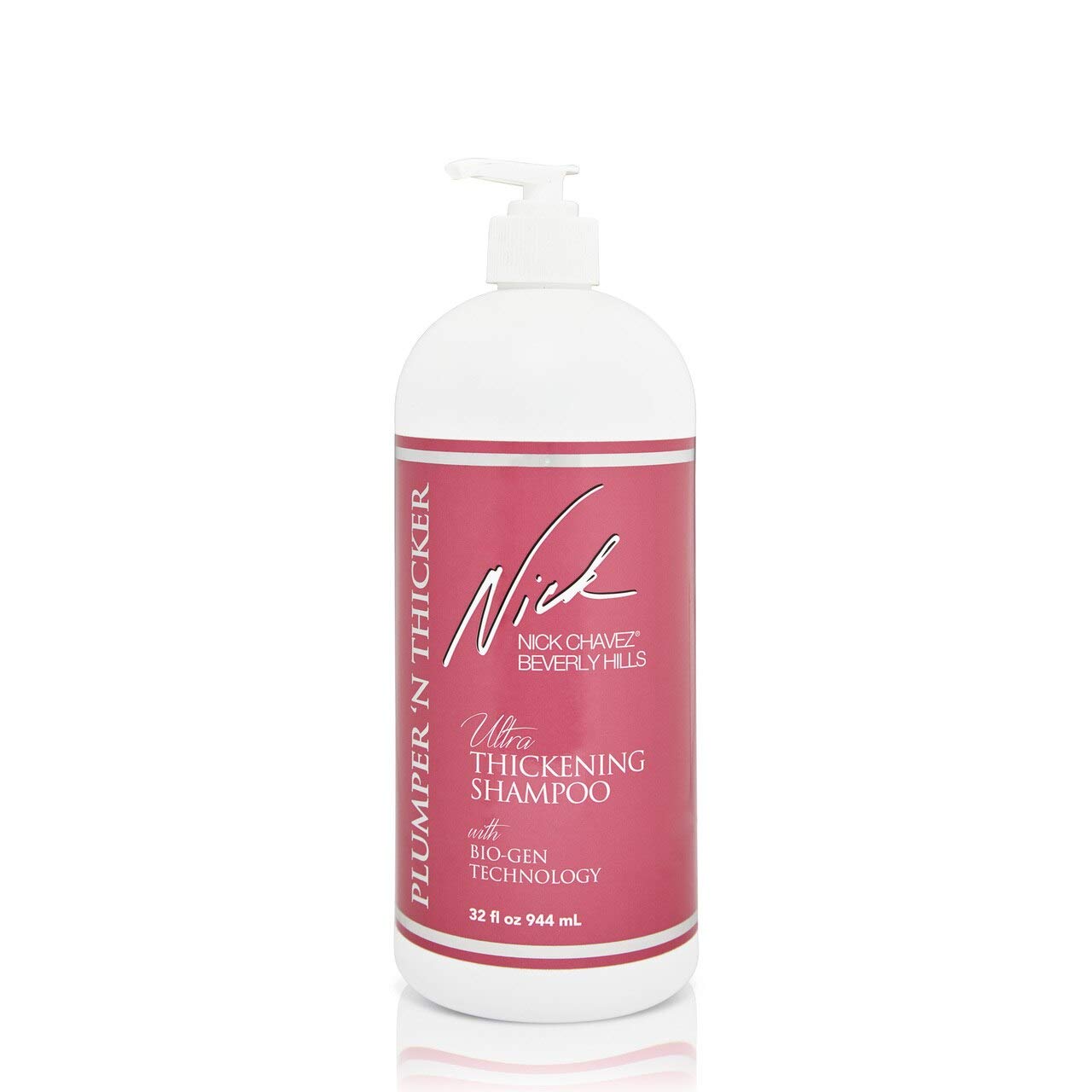 Nick Chavez Plumper N Thicker bottle pour during daily thickening routine.
