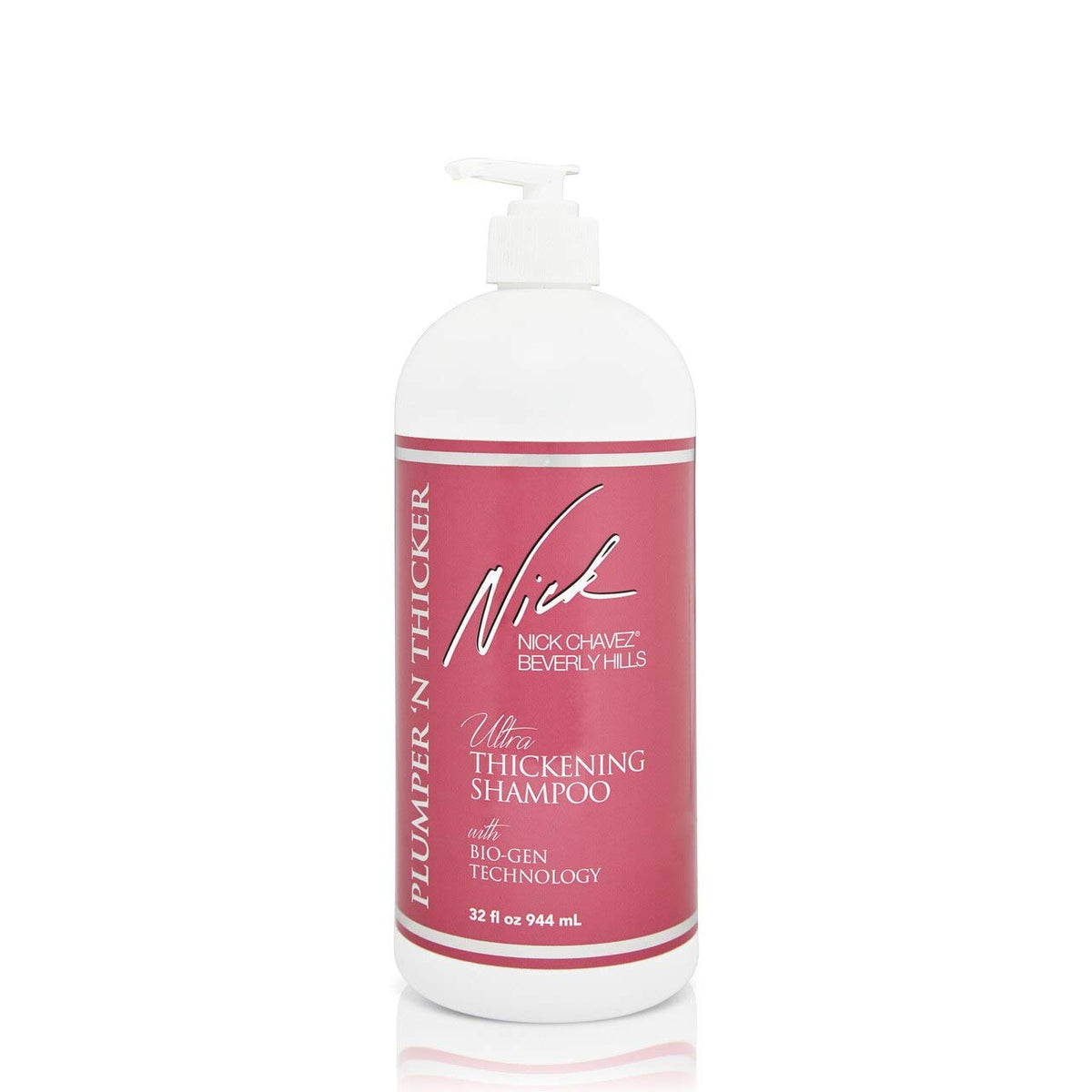 Nick Chavez Plumper N Thicker bottle pour during daily thickening routine.