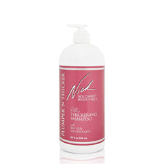 Nick Chavez Plumper N Thicker bottle pour during daily thickening routine.