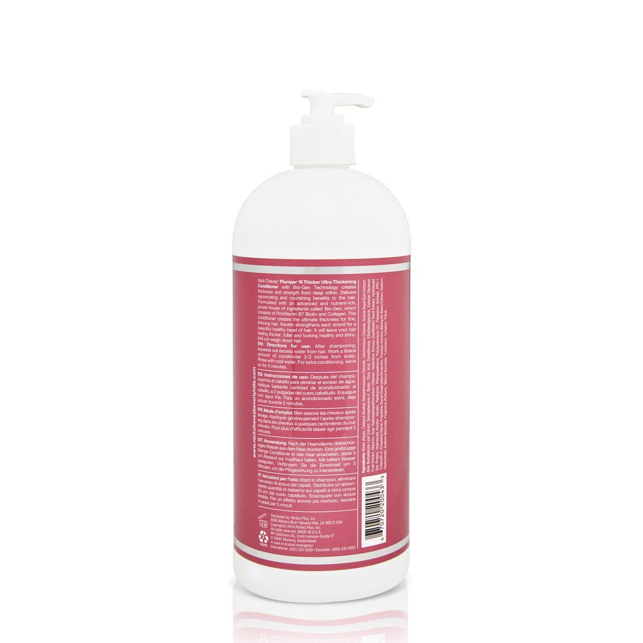 Nick Chavez Plumper N Thicker conditioner label close-up showing nourishing Biotin and collagen.