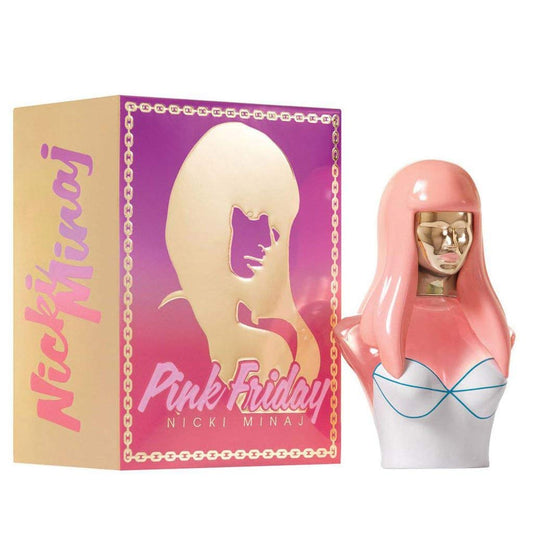 Nicki Minaj Pink Friday bottle on a reflective surface for a bold, confident scent moment.
