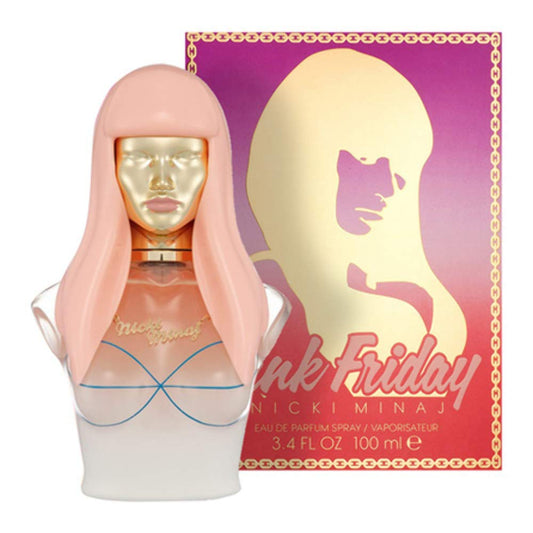 Nicki Minaj Pink Friday bottle on shelf, long-lasting fragrance for bold everyday moments.