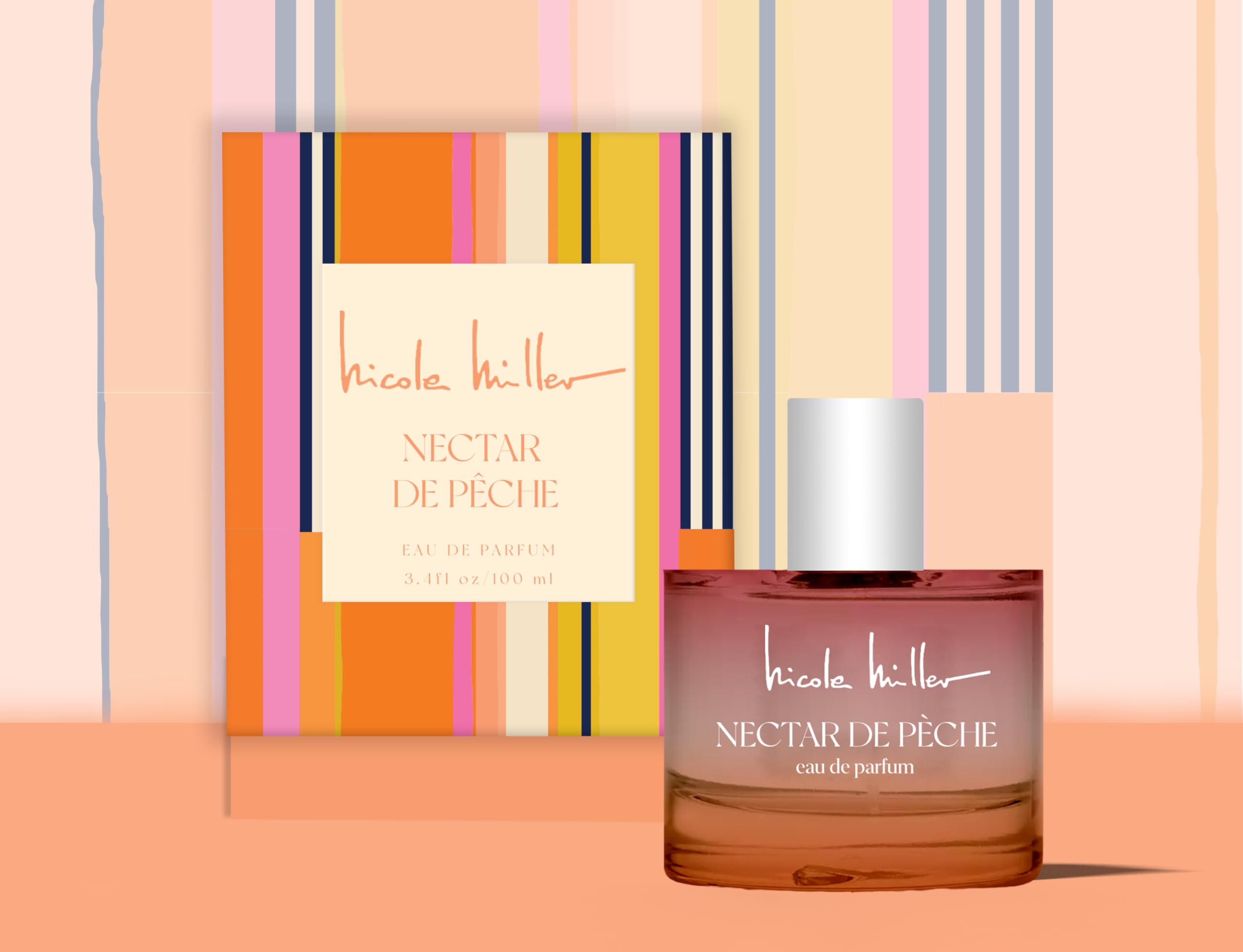 Nicole Miller Nectar De Peche bottle on display, emphasizing a romantic summer scent.