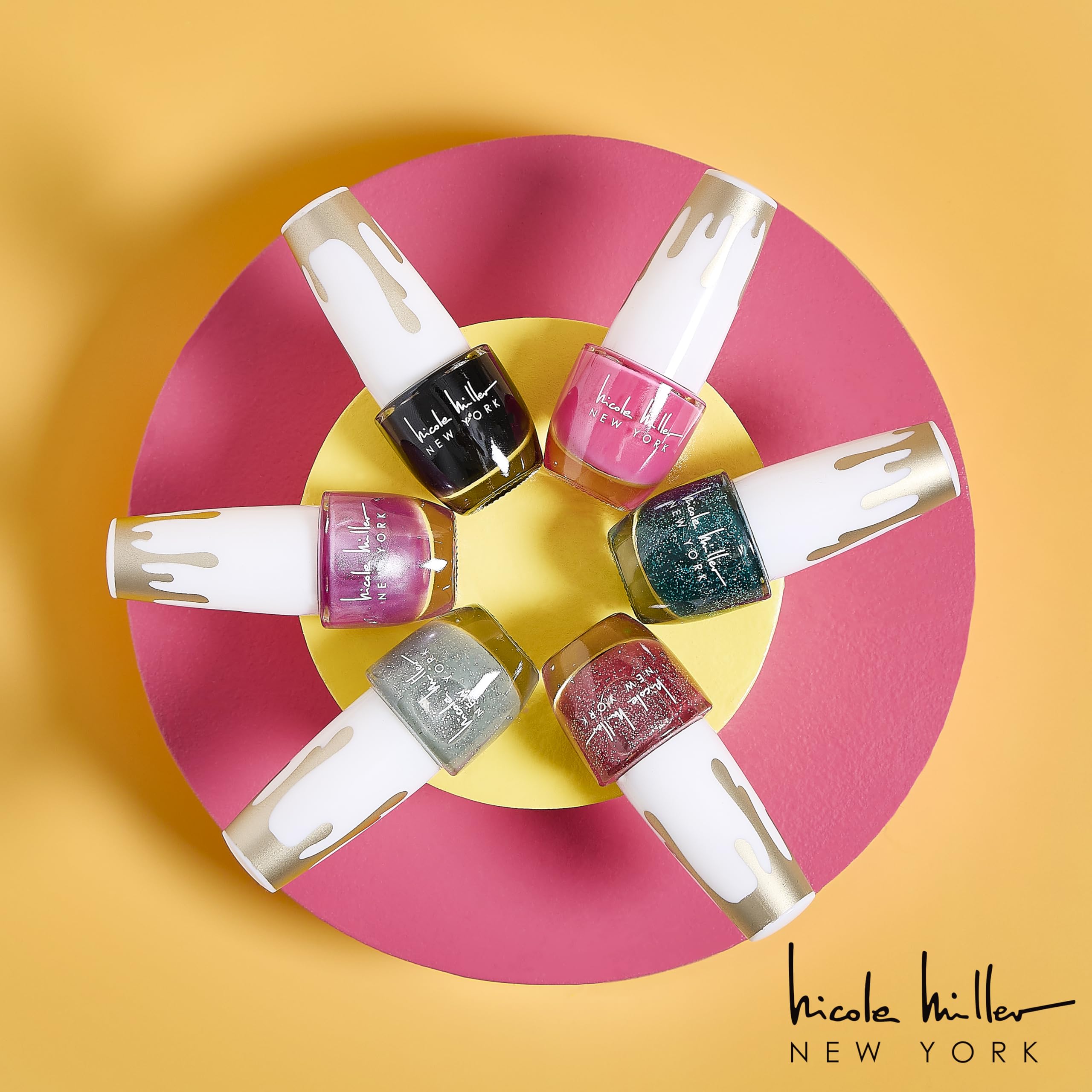 Nicole Miller New York color swatch array shows bold and neutral shades