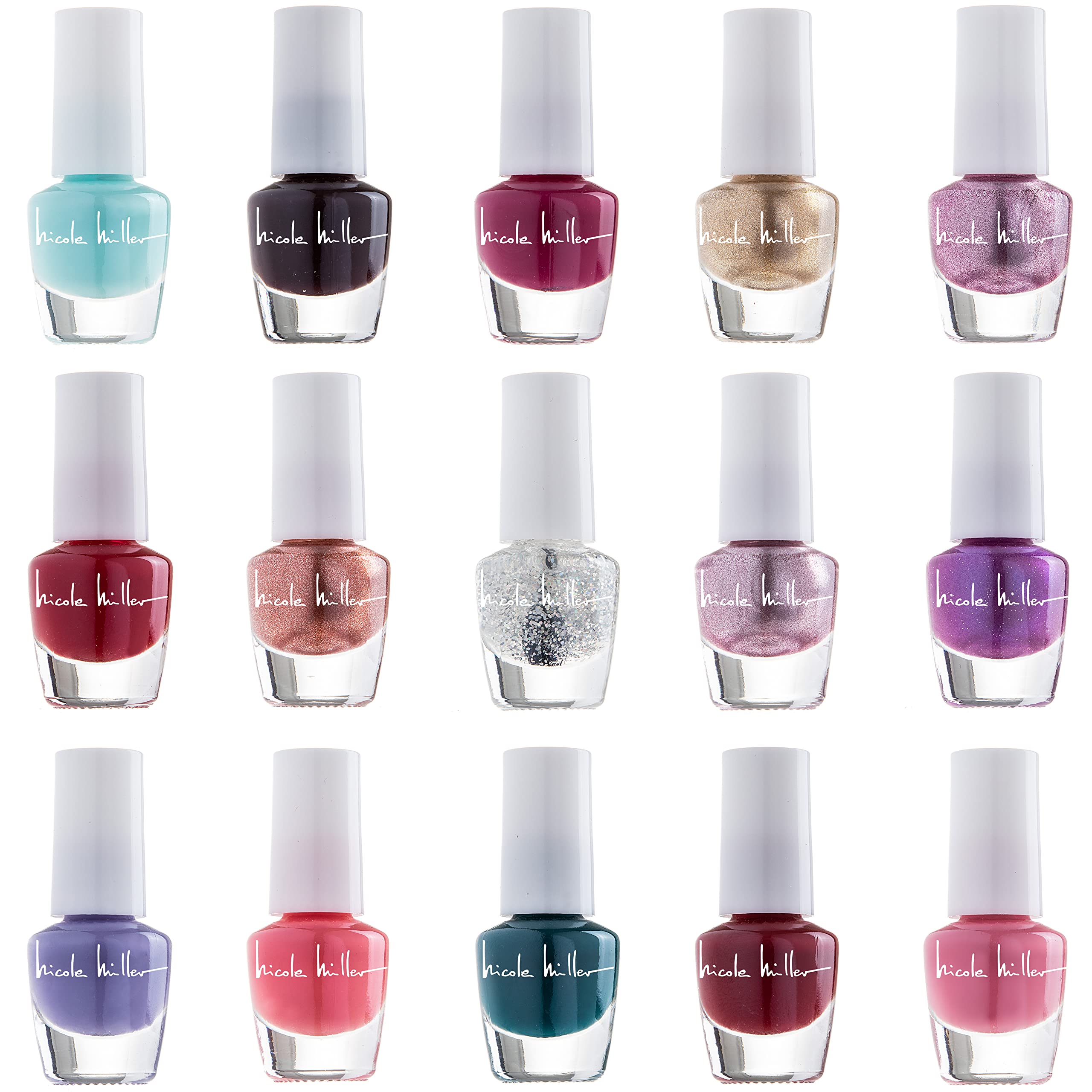 Nicole Miller New York mini nail polish bottle closeup highlights glossy finishes.