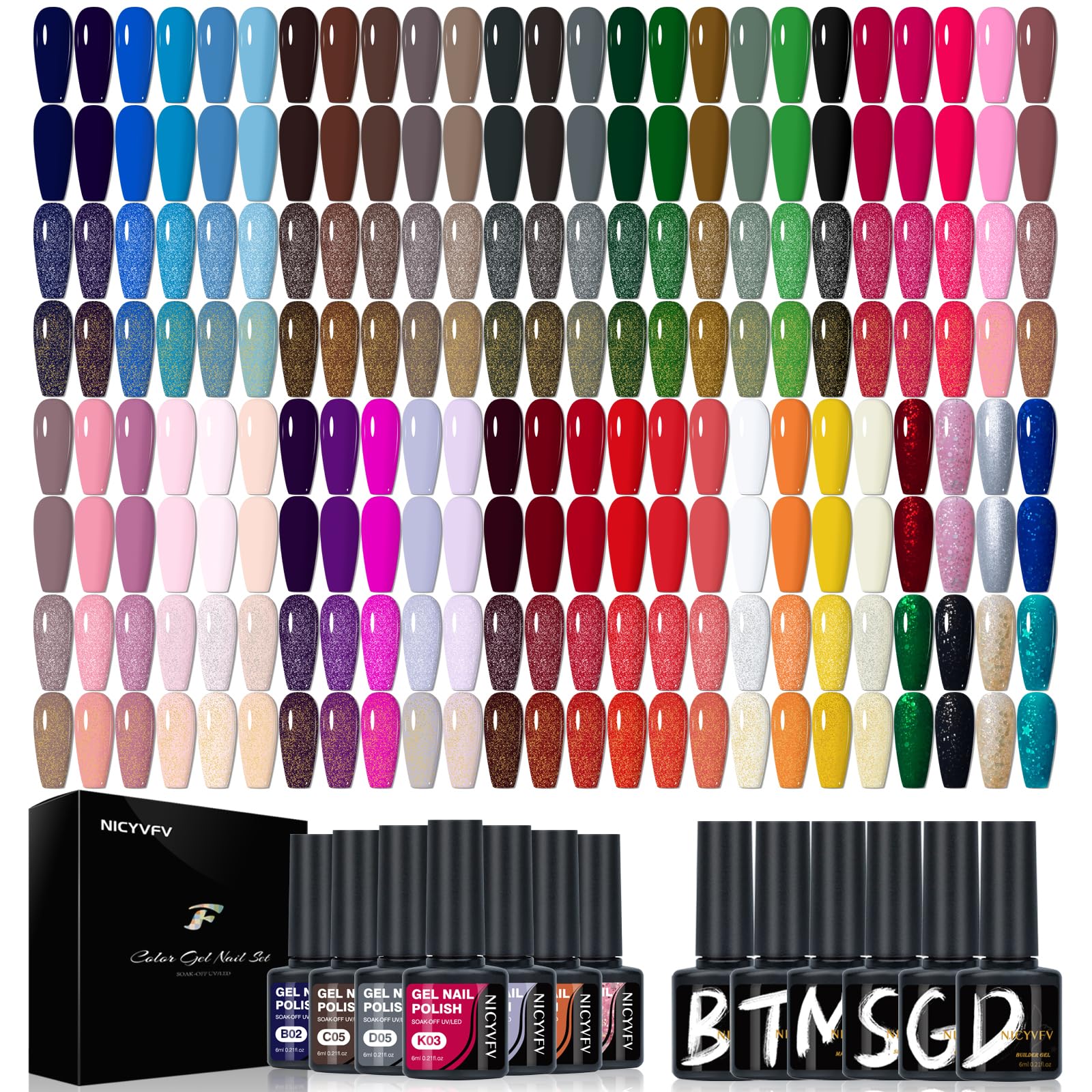 NICYVFV gel nail set with 60-piece assortment and glitter accents for versatile DIY manicures