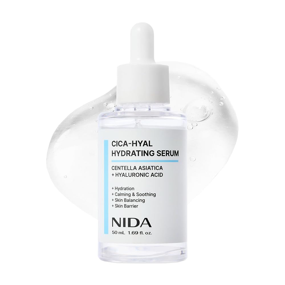 NIDA Centella Hydrating Serum bottle closeup highlighting soothing hydration.