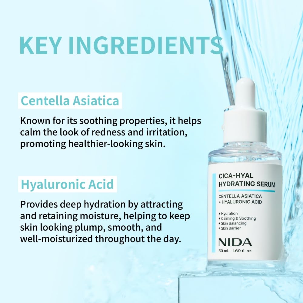 NIDA Centella Hydrating Serum face-application image highlights soothing touch during routine.