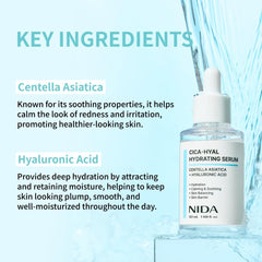 NIDA Centella Hydrating Serum face-application image highlights soothing touch during routine.