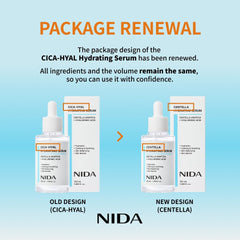 NIDA Centella Hydrating Serum hyaluronic-droplet closeup emphasizes deep hydration and plump-looking skin.