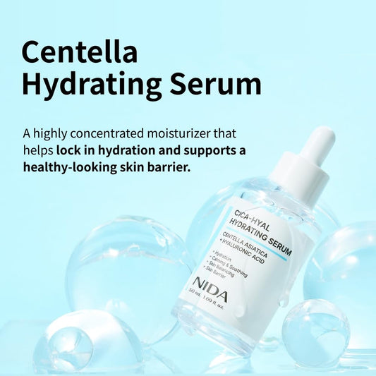 NIDA Centella Hydrating Serum serum-dispense showcasing easy application for moisturized, calm skin.