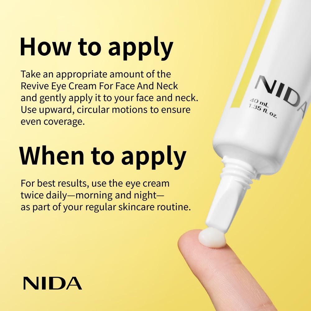 NIDA Revive Eye Cream pump dispenser shown for easy day and night use.
