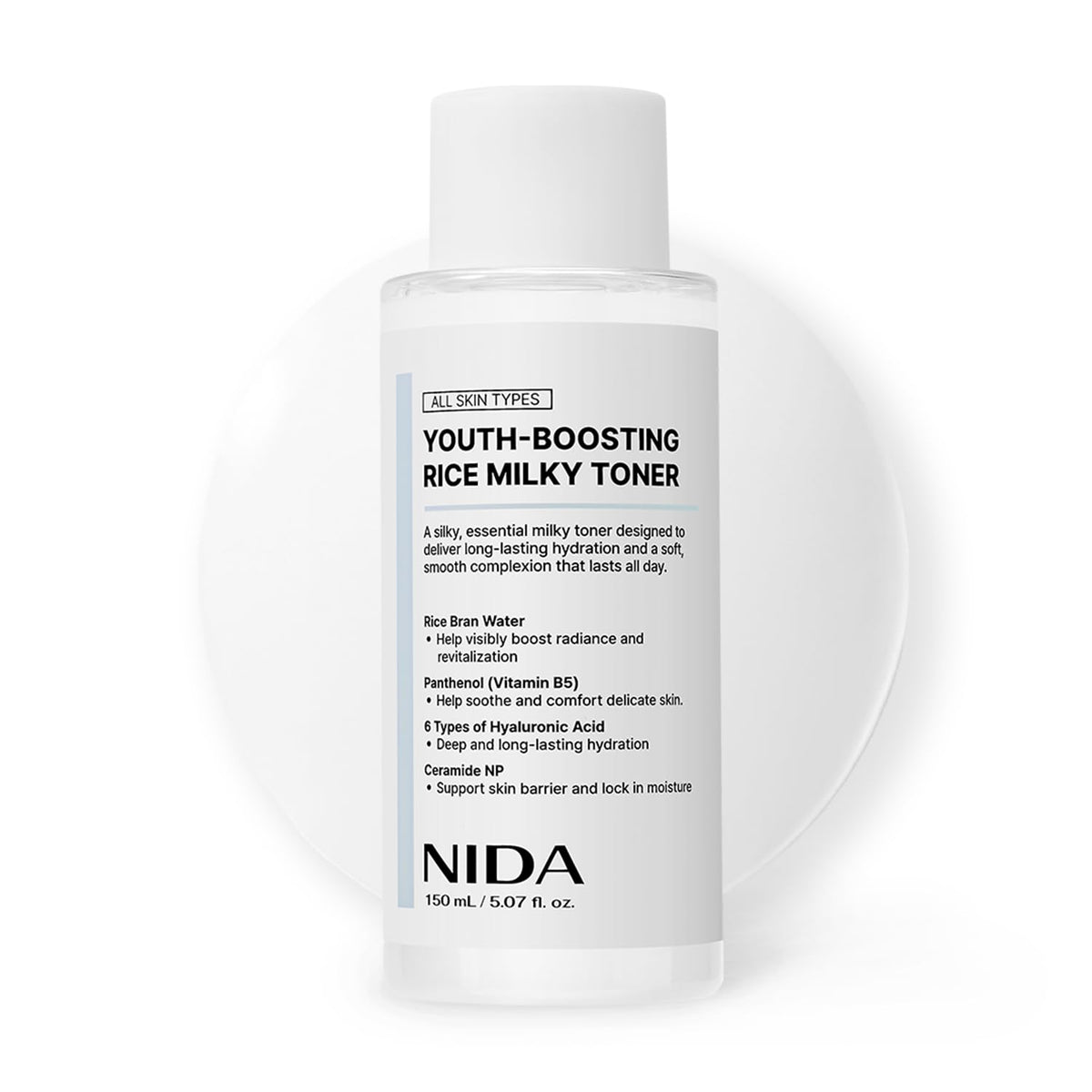 NIDA Rice Milky Toner bottle front view ready to hydrate and glow
