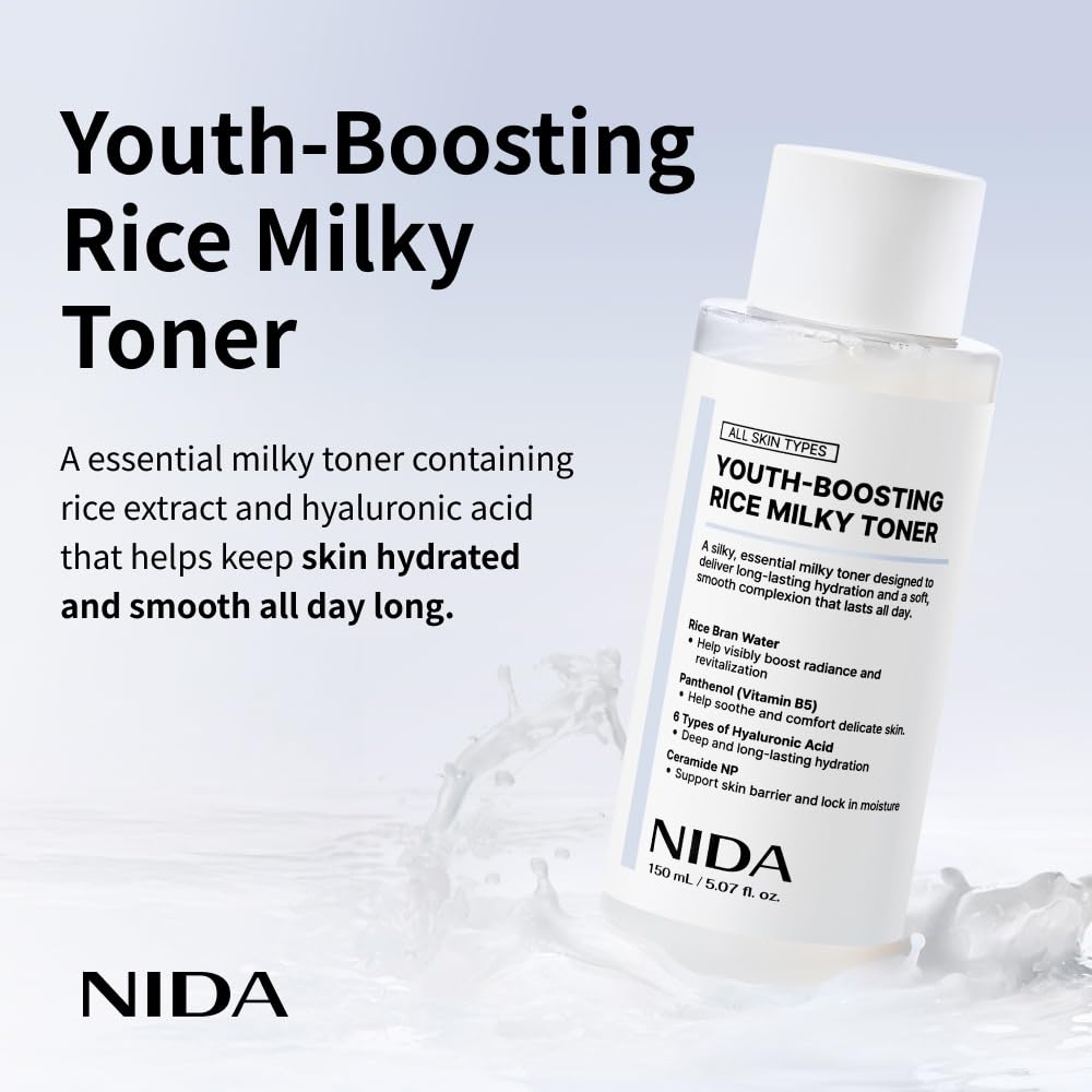 NIDA Rice Milky Toner bottle close-up pump highlighting moisturizing texture