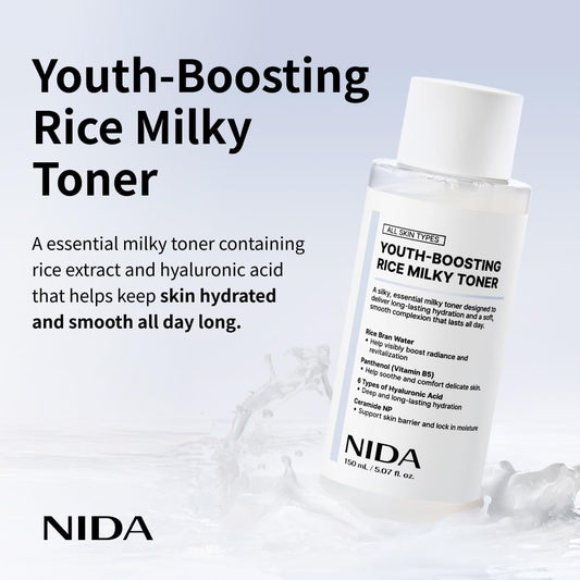 NIDA Rice Milky Toner bottle close-up pump highlighting moisturizing texture
