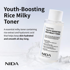 NIDA Rice Milky Toner bottle close-up pump highlighting moisturizing texture