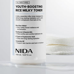NIDA Rice Milky Toner Korean-made packaging highlights quality