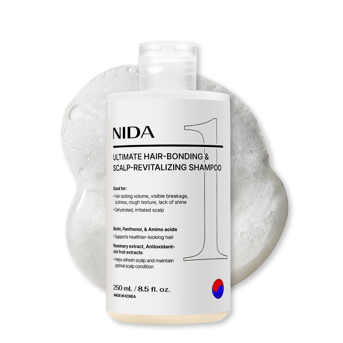 NIDA shampoo bottle shown for all hair types, ready for everyday use.