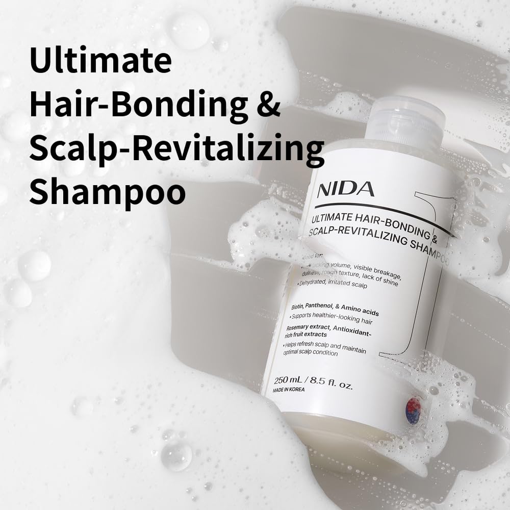 NIDA shampoo label close-up highlights biotin and panthenol for nourishment.