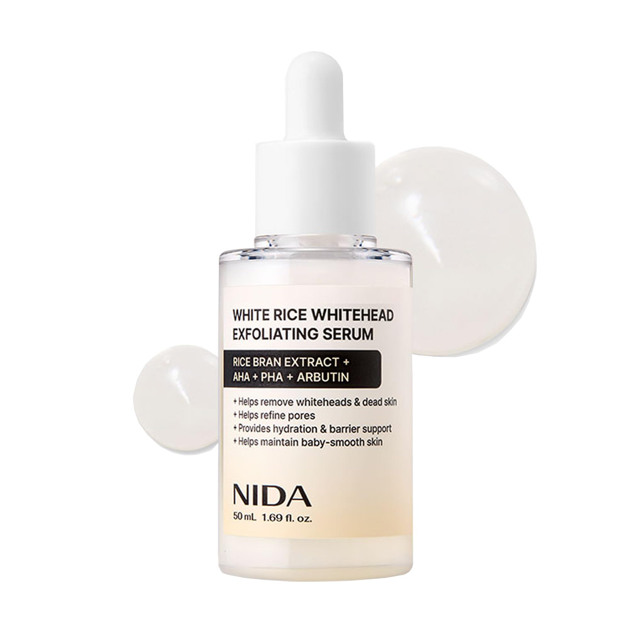 NIDA White Rice serum bottle pour highlighting brightening action for radiant skin.