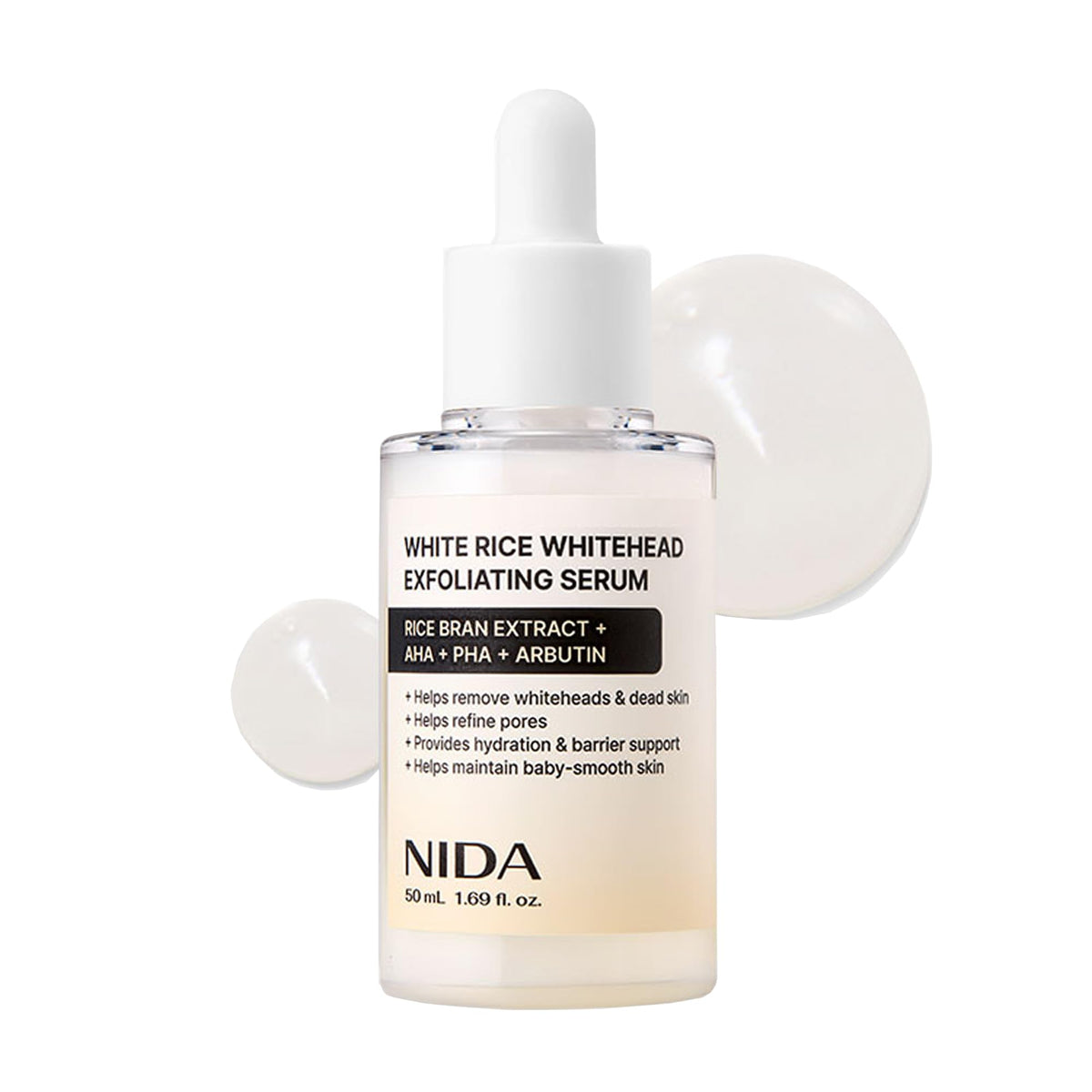 NIDA White Rice serum bottle pour highlighting brightening action for radiant skin.