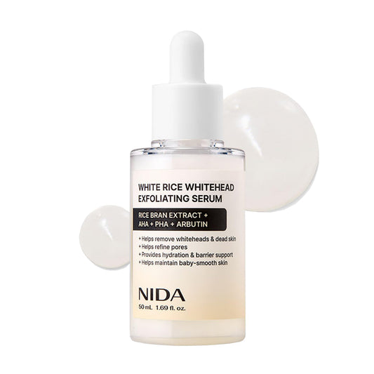 NIDA White Rice serum bottle pour highlighting brightening action for radiant skin.
