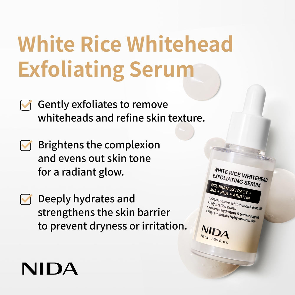 NIDA White Rice jar closeup reveals creamy exfoliating formula and brightening benefits.