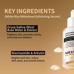 NIDA White Rice packaging display emphasizes Korean-made quality and all-skin-type suitability.
