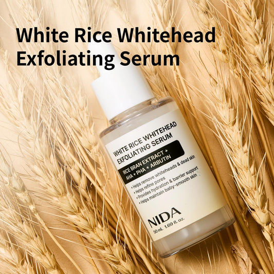 NIDA White Rice serum texture swatch showing gentle exfoliation and hydration.