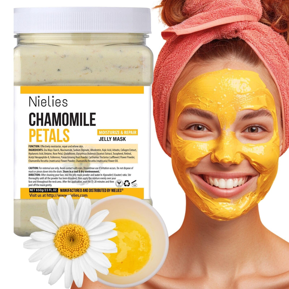 Nielies Chamomile Vajacial Peel jar ready for soothing hydration.