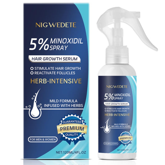 Nigwedete Minoxidil 5% spray shown with precise nozzle for targeted application.