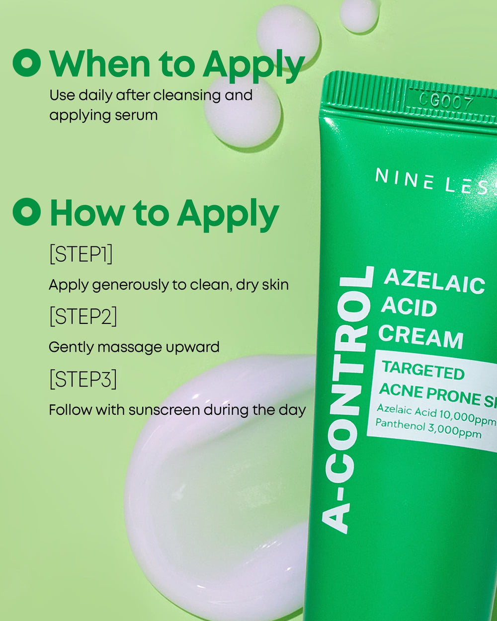 NINELESS A-Control Azelaic Cream closeup of blemish-prone area ready for relief.