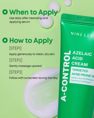 NINELESS A-Control Azelaic Cream closeup of blemish-prone area ready for relief.