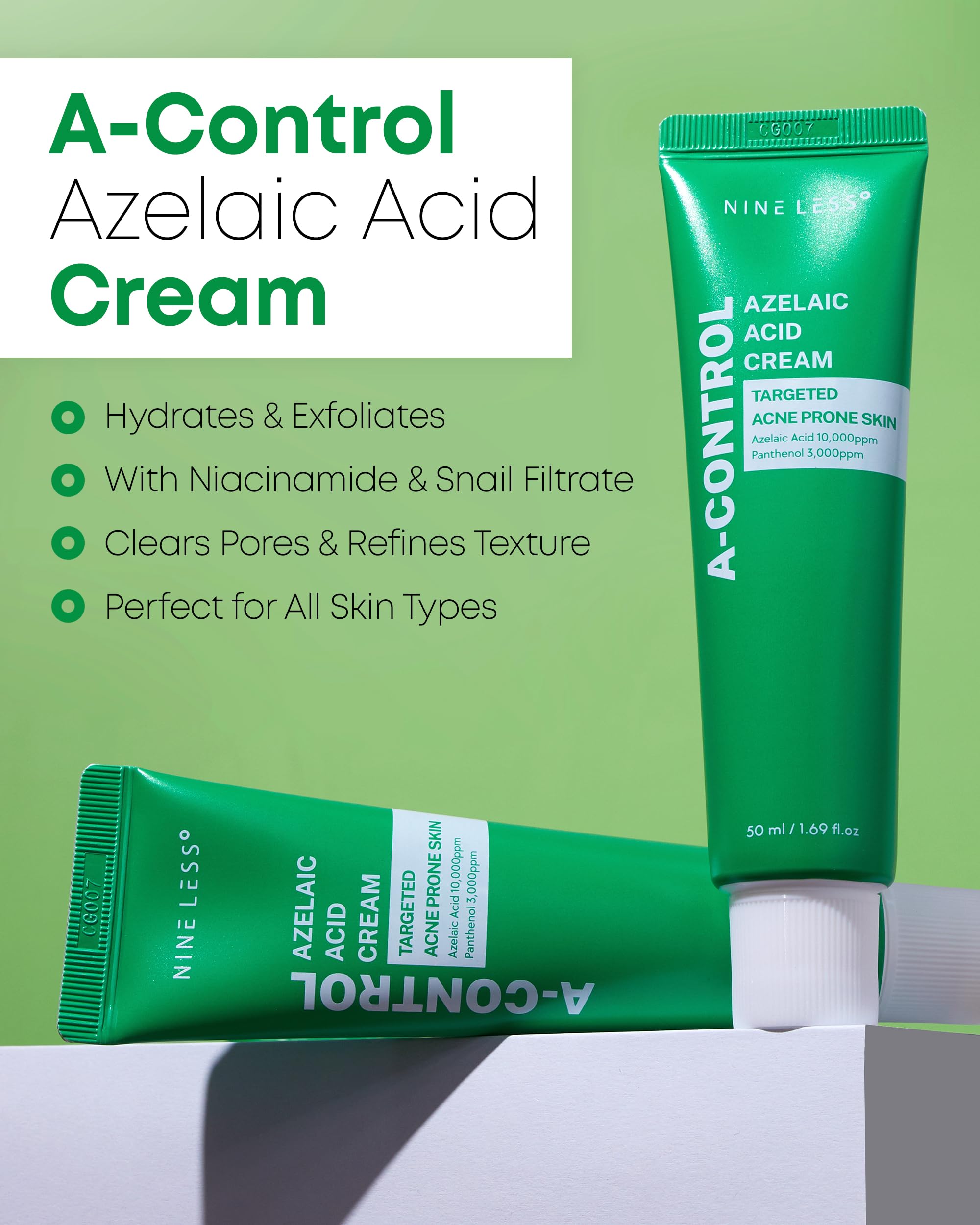 NINELESS A-Control Azelaic Cream ingredients panel highlighting willow bark and centella actives.