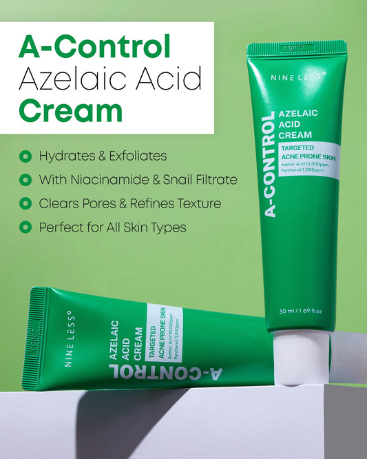 NINELESS A-Control Azelaic Cream ingredients panel highlighting willow bark and centella actives.