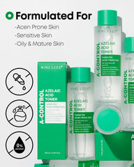 NINELESS A-Control Azelaic Toner bottle close-up emphasizes premium formulation.
