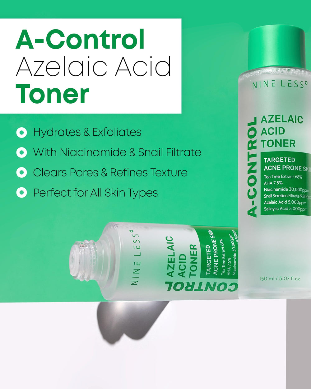 NINELESS A-Control Azelaic Toner pump-dispense enables easy, controlled daily application.