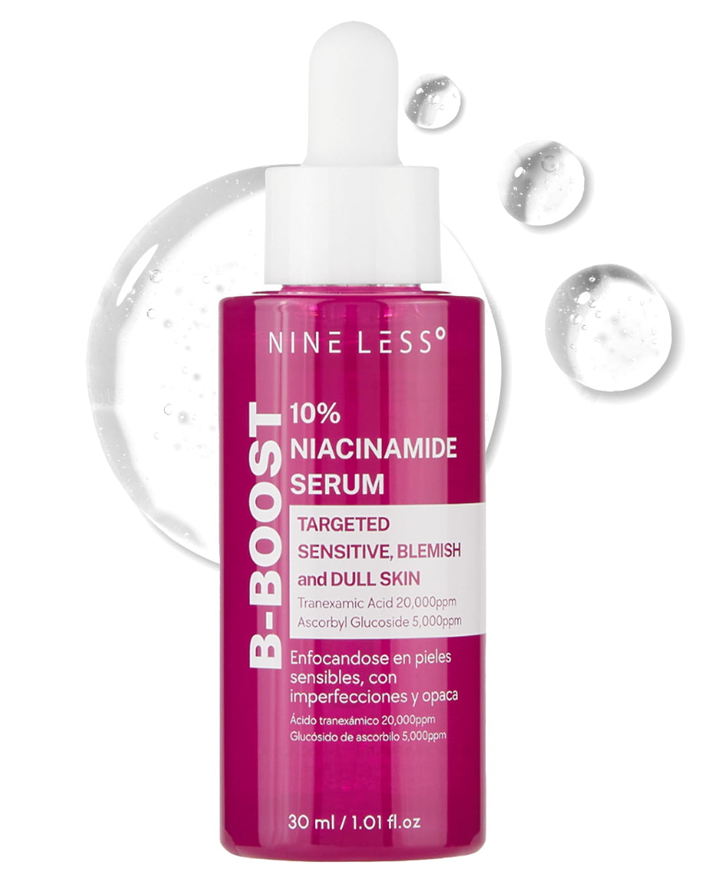 NINELESS B-Boost bottle close-up highlighting 10% niacinamide for brightening