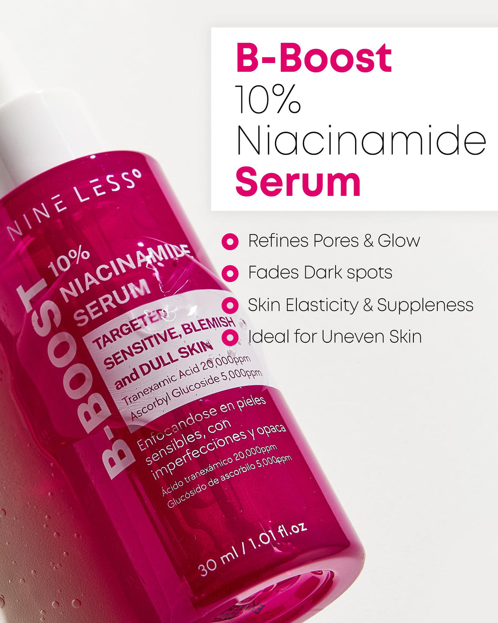 NINELESS B-Boost dropper applying serum for evening tone and texture