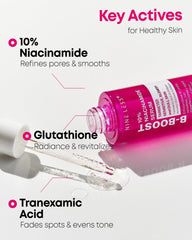 NINELESS B-Boost ingredients show tranexamic acid and glutathione for clearer skin
