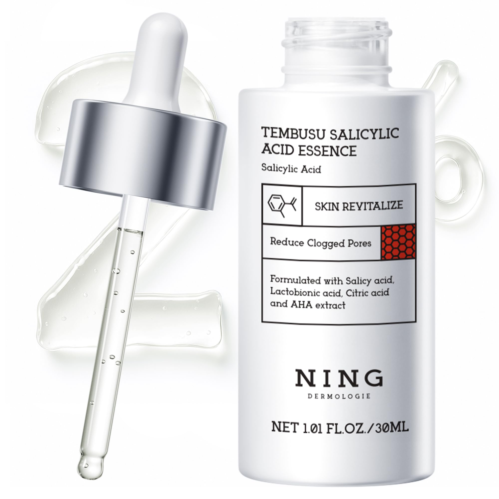 NING DERMOLOGIE serum bottle showing pore purifying action for oily skin