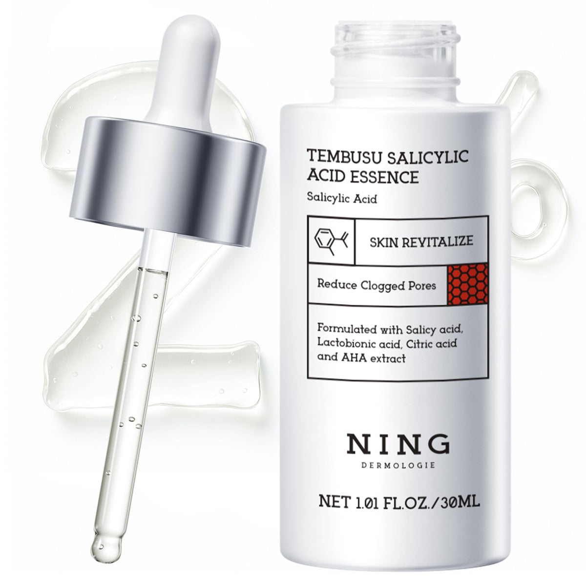 NING DERMOLOGIE serum bottle showing pore purifying action for oily skin