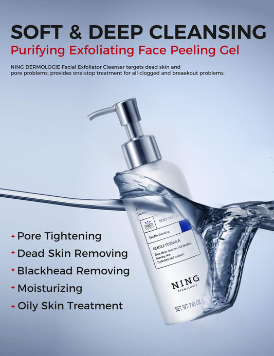 Close-up of NING DERMOLOGIE gel texture highlighting non-abrasive exfoliation for sensitive skin