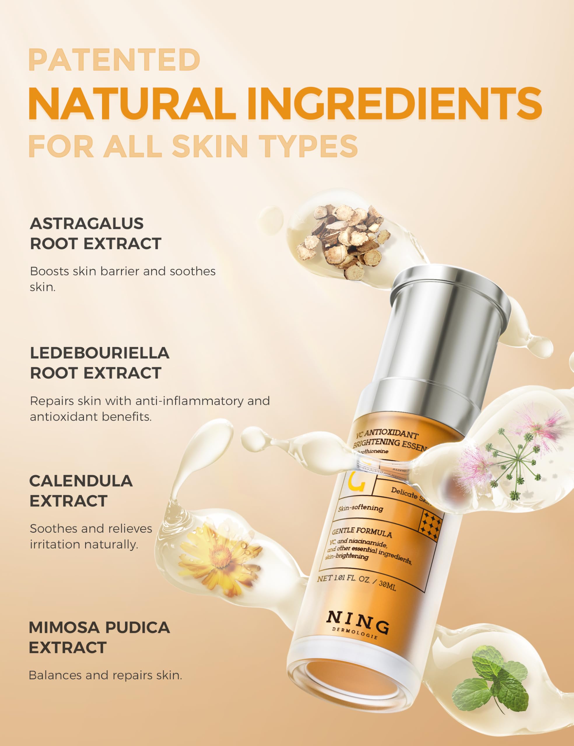 NING DERMOLOGIE Ingredients banner with calendula and green tea.
