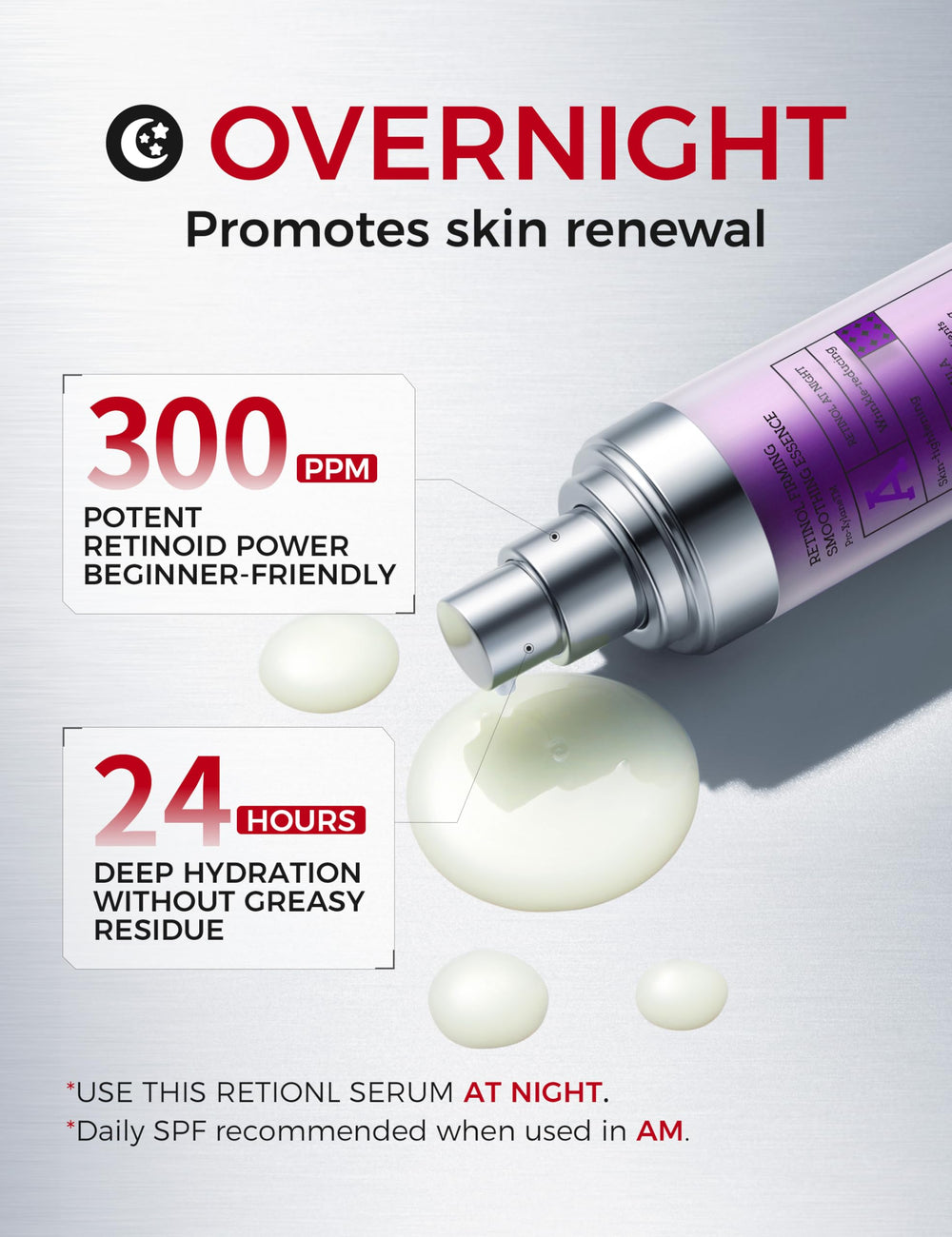 A close-up shows the texture of the Ning Dermologie serum in the bottle.
