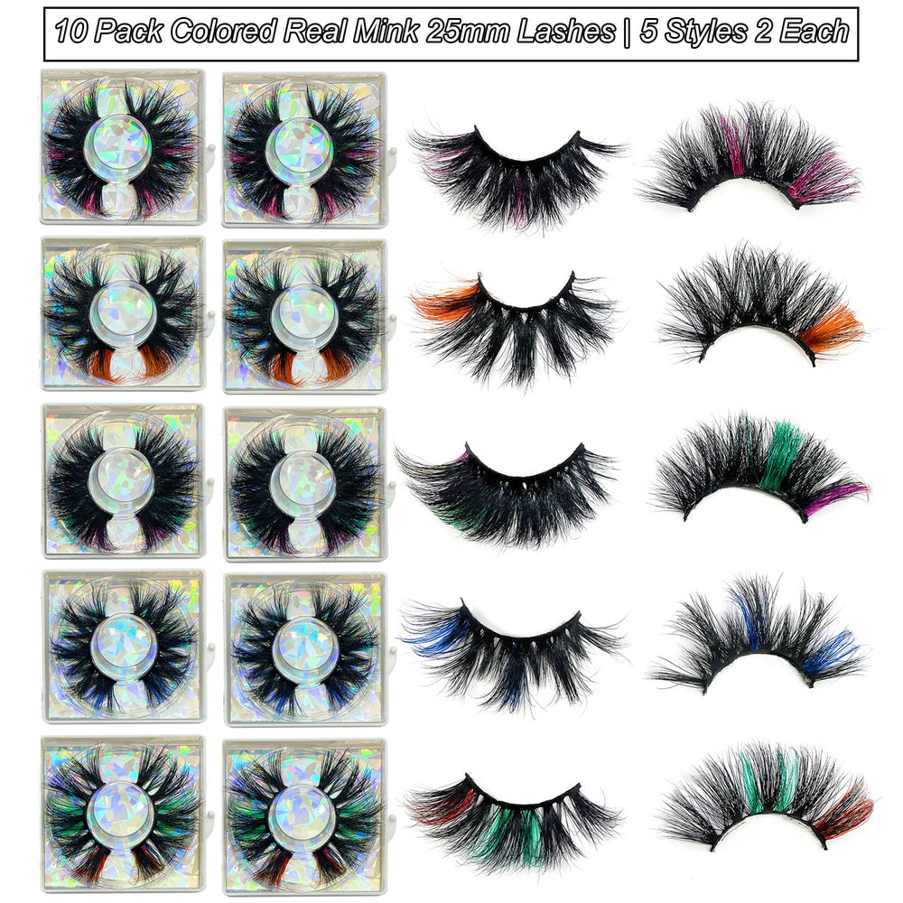 Ninglash 10-pack Colored Mink Lashes 25mm with 9D drama for standout eyes.