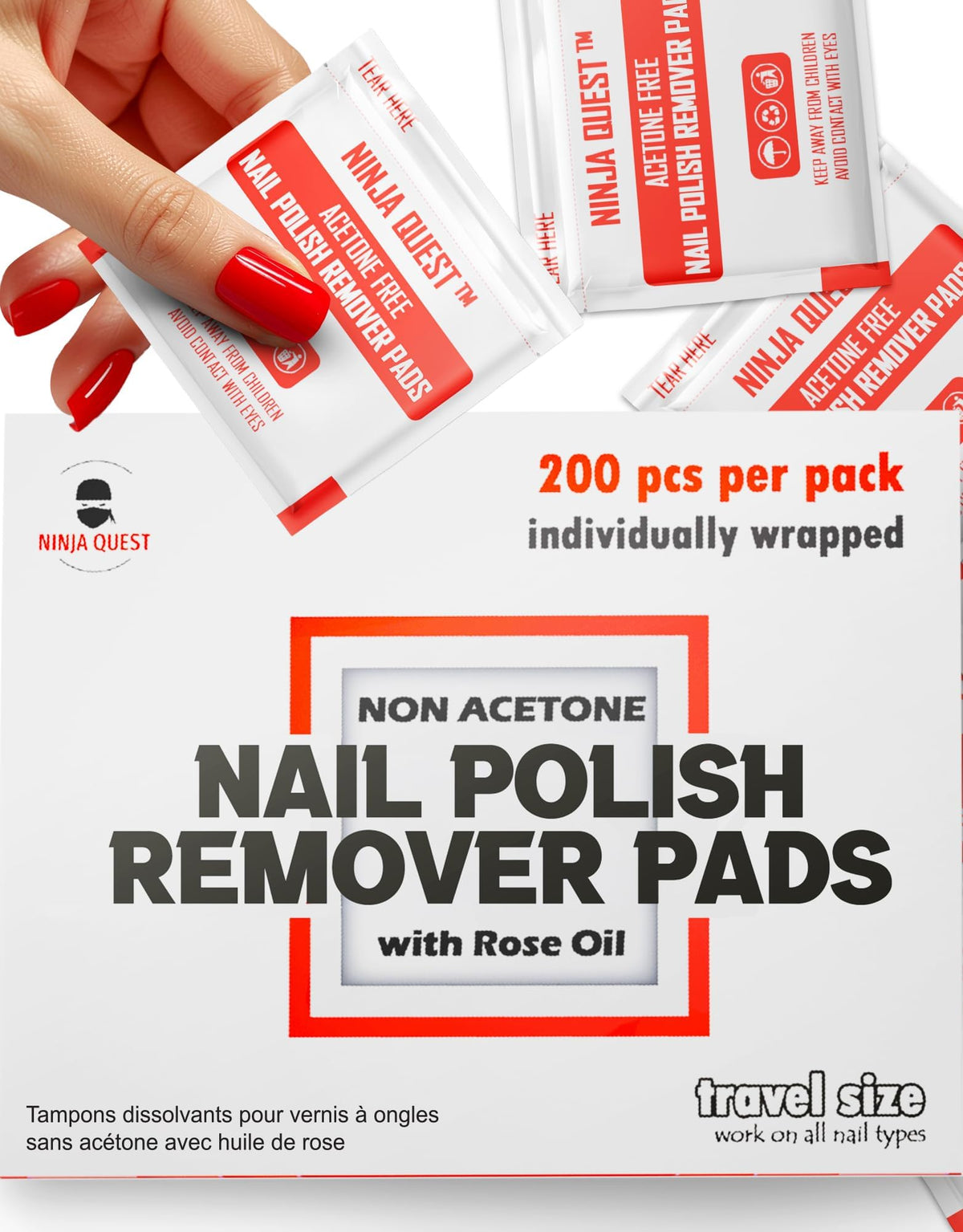Ninja Quest nail polish remover pad 200-pack for quick gel removal at home.