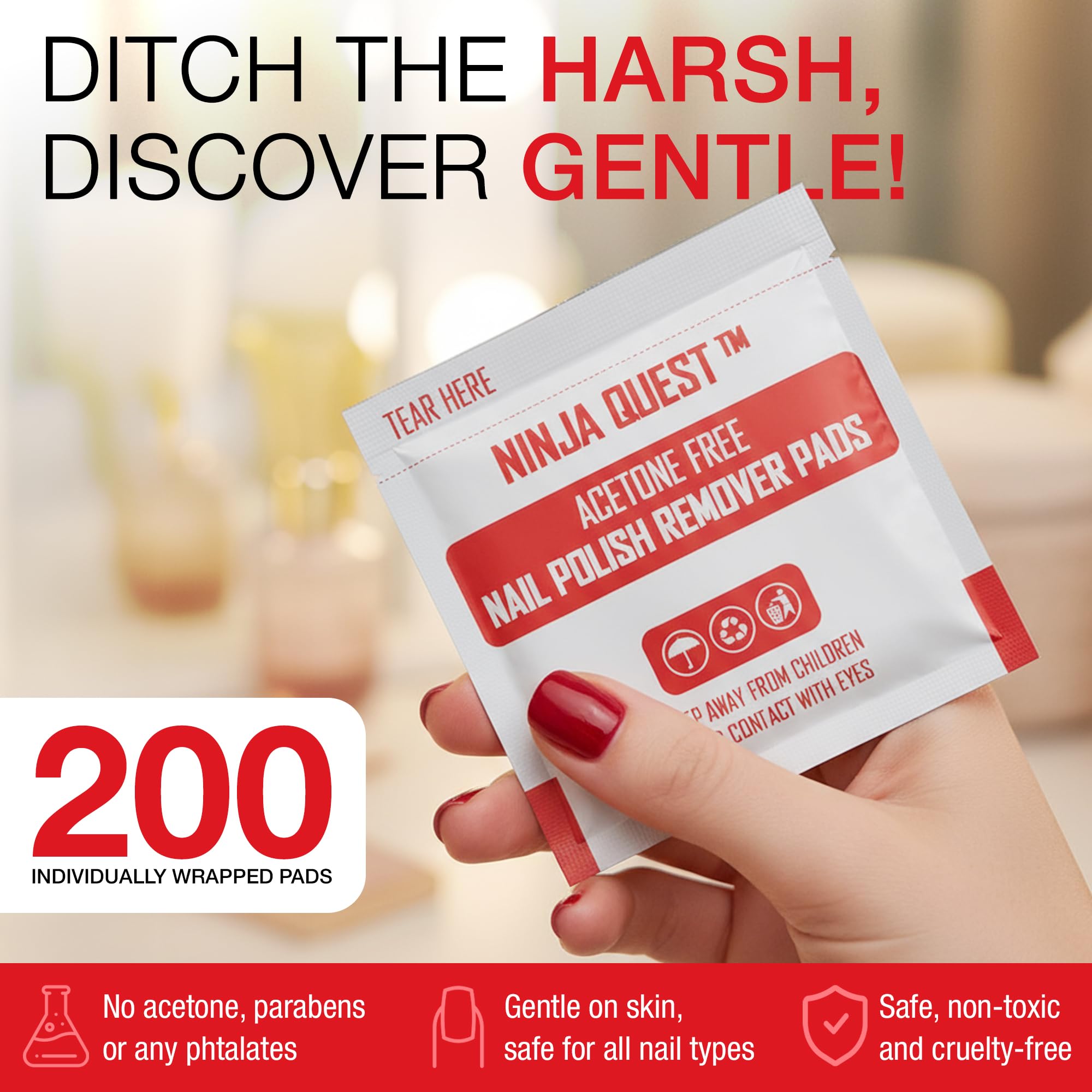 Ninja Quest non-acetone remover pad ideal for gentle polish removal.