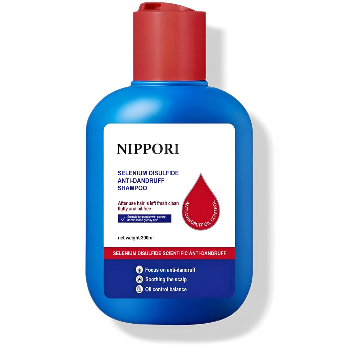 NIPPORI Selenium Disulfide Shampoo bottle front showing anti-dandruff formula for scalp care